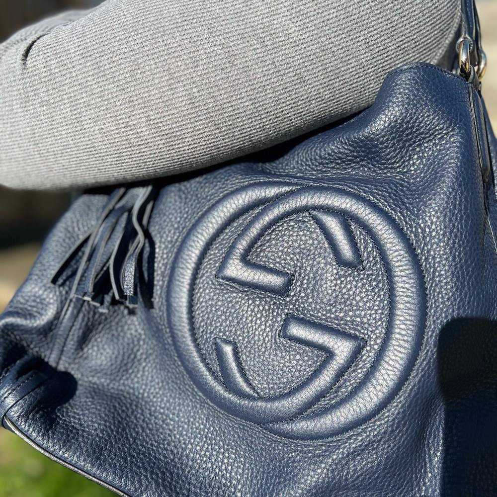 Gucci Navy Soho Lambskin Leather Tote.